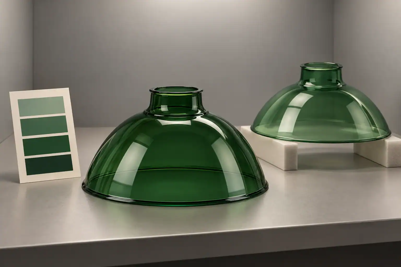 Glass samples and a reference chip in a gray viewing booth