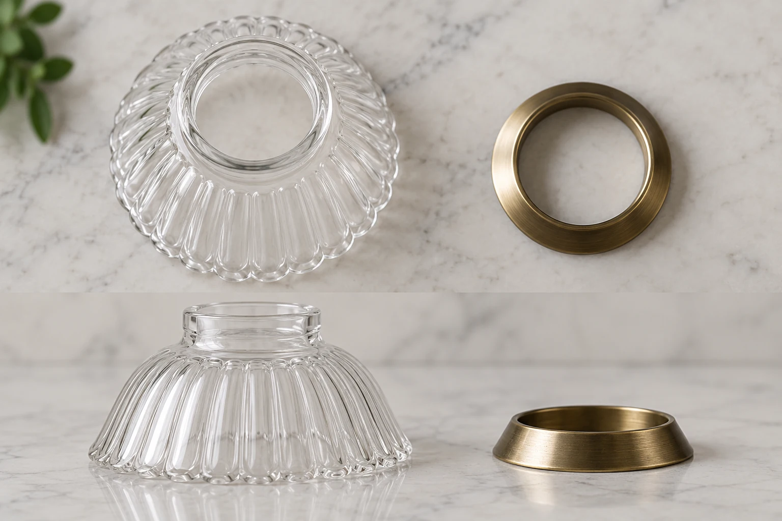 Close views of a glass shade opening, seat and retaining ring shown as separate fit checks