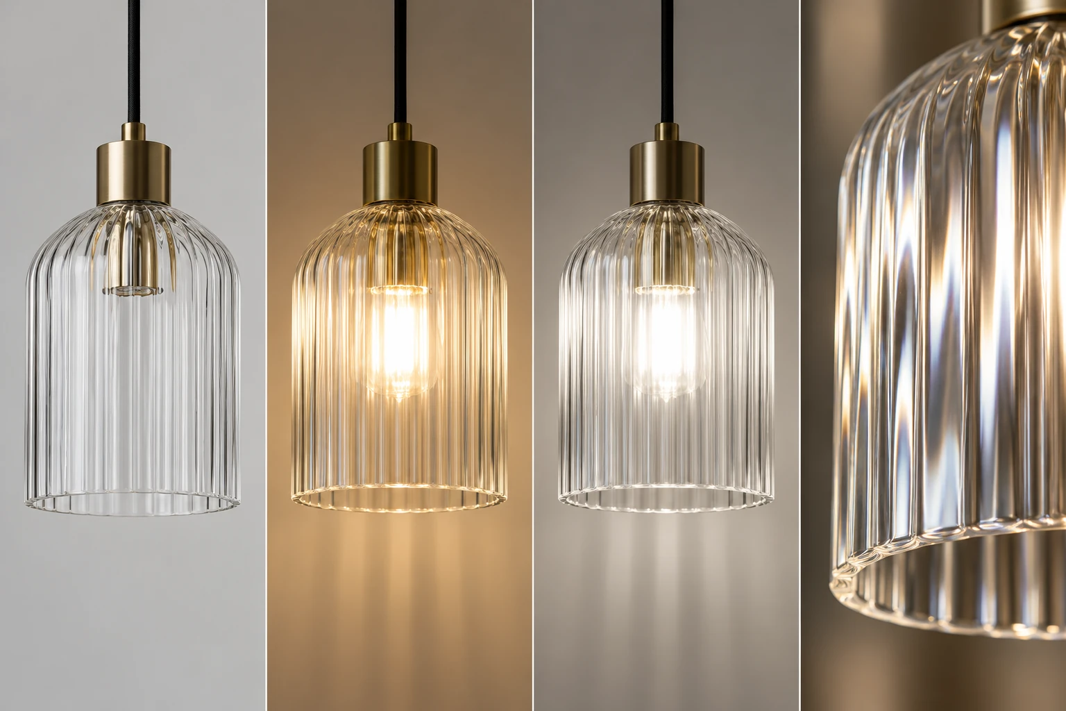 The same fluted shade shown unlit and illuminated under two neutral lighting conditions