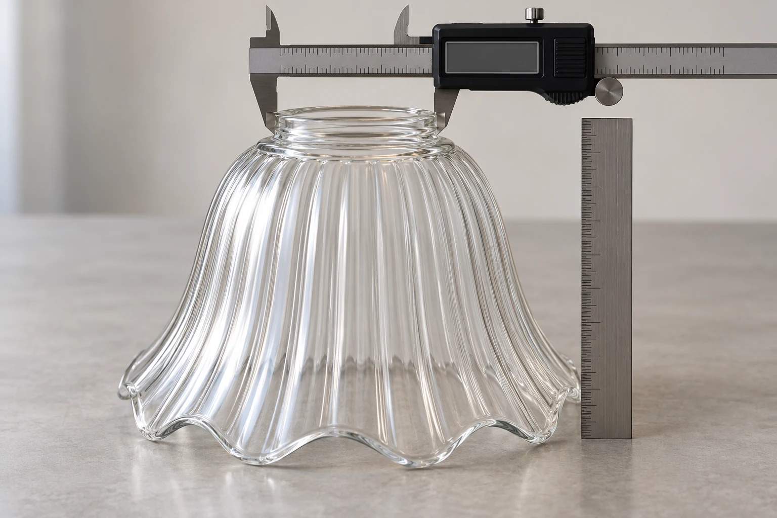A caliper and ruler placed beside the opening, height and widest point of a fluted shade