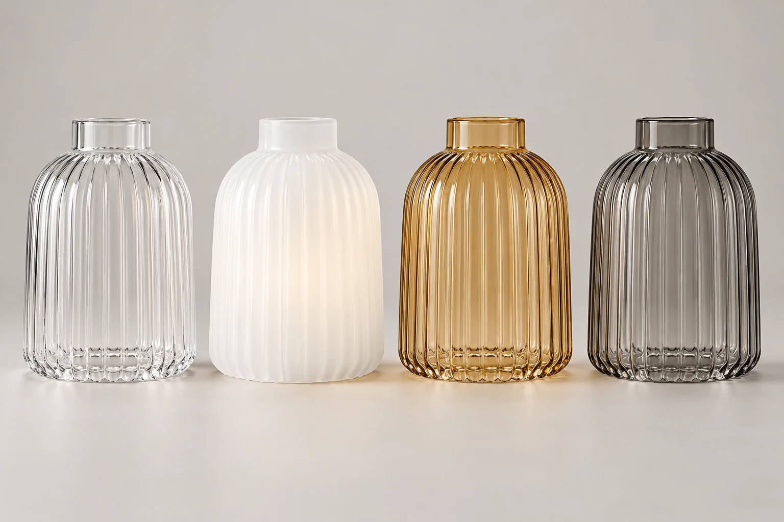 Four fluted glass sample concepts in clear, translucent white, warm amber and smoke appearances