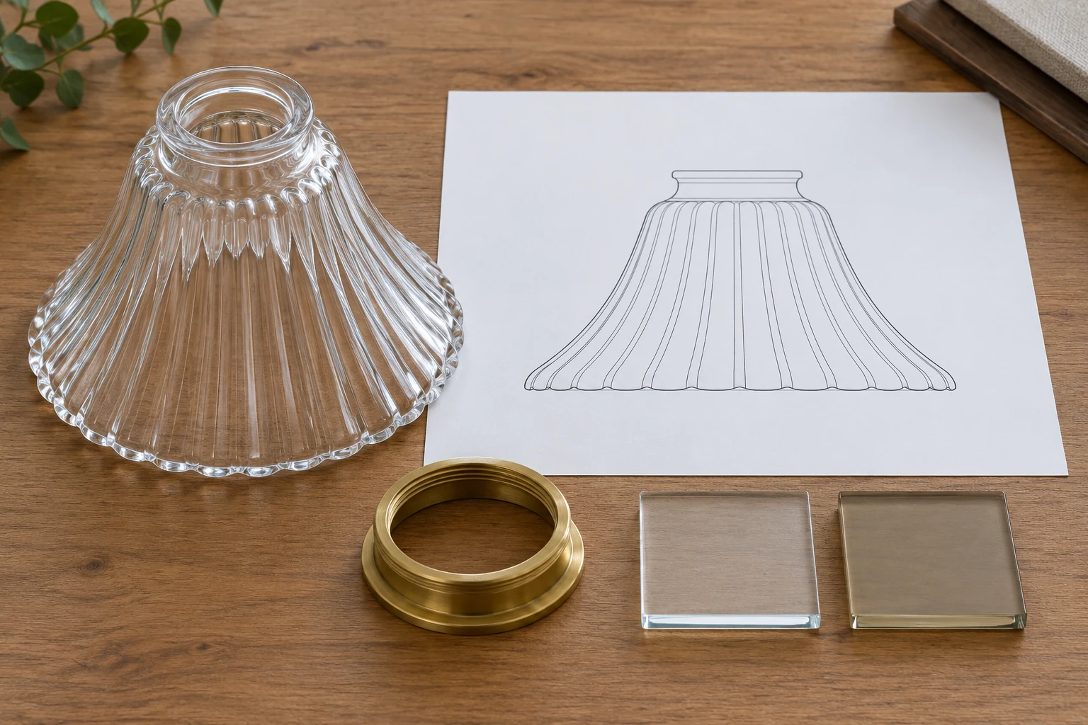 An unlabelled profile drawing beside a fluted shade reference, fitter ring and neutral sample swatches