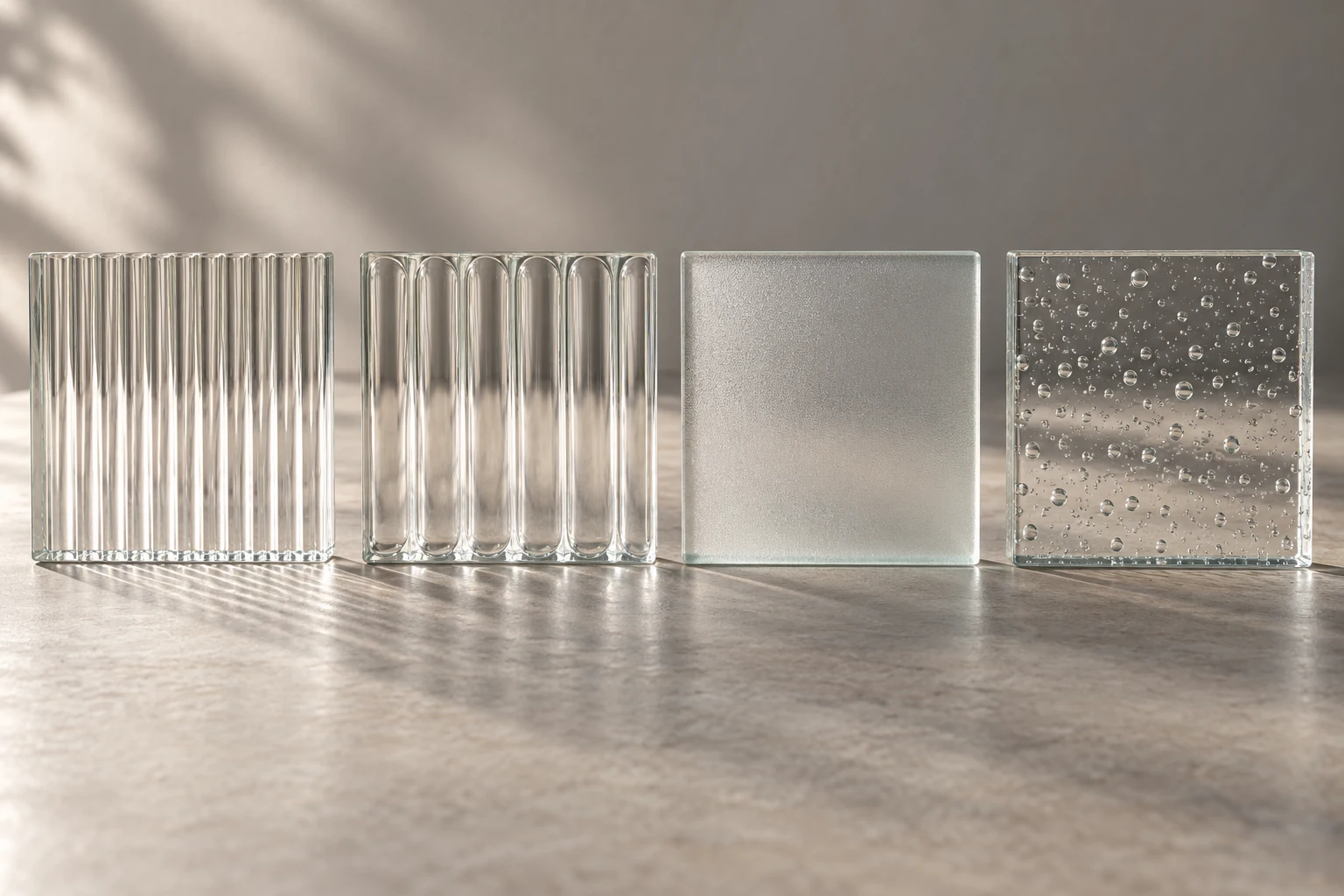 Clear glass samples comparing linear flutes, rounded ribs, etched satin texture and seeded bubbles