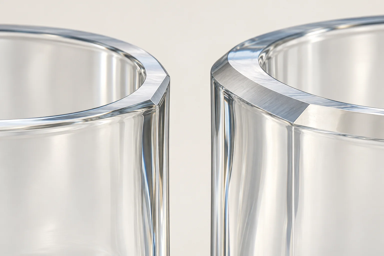 Two illustrative glass rim sections with different chamfer profiles