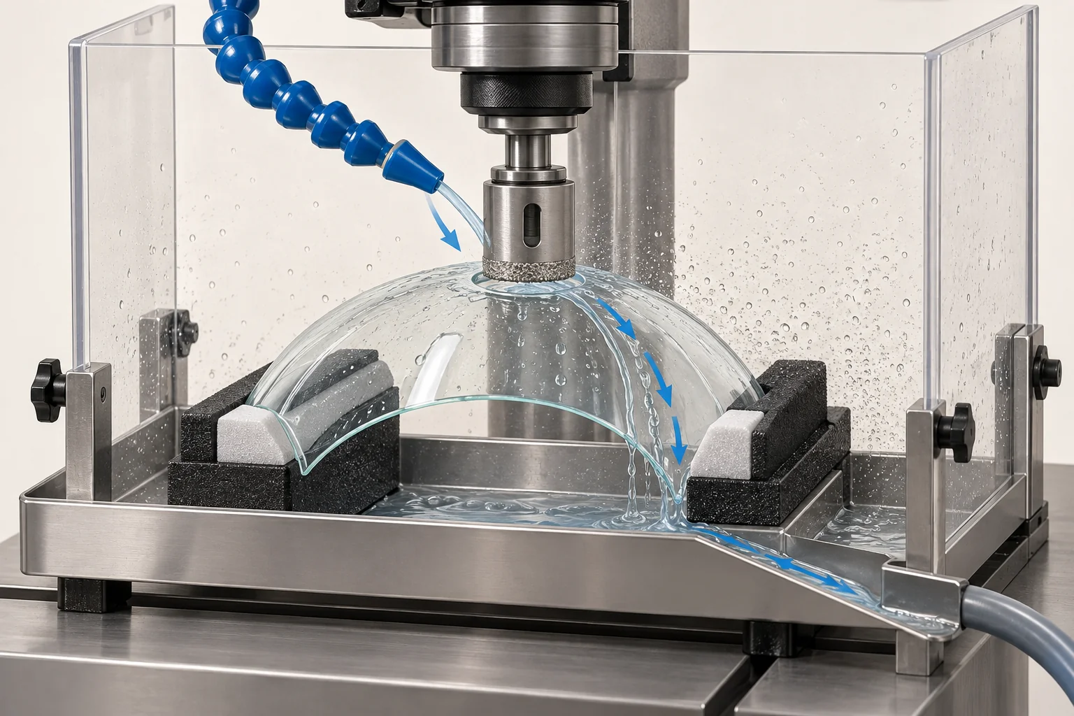 Conceptual coolant access and drainage around a glass drilling interface