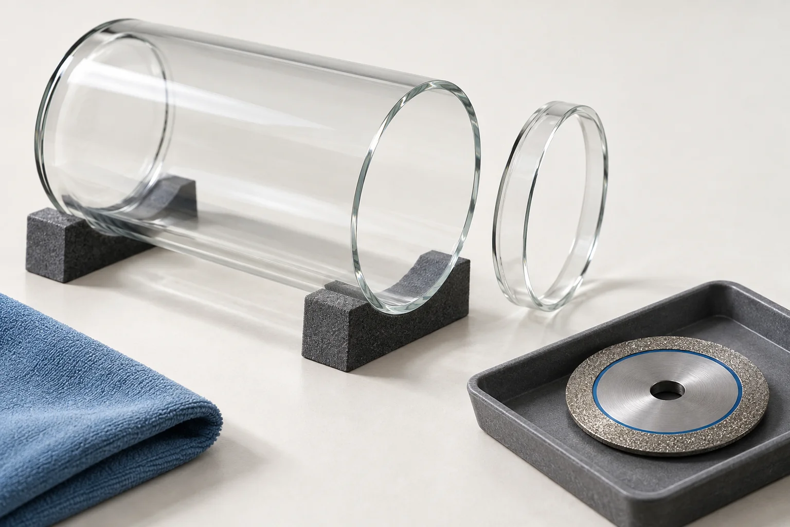 Glass cylinder, separated trim ring and an abrasive cutting tool