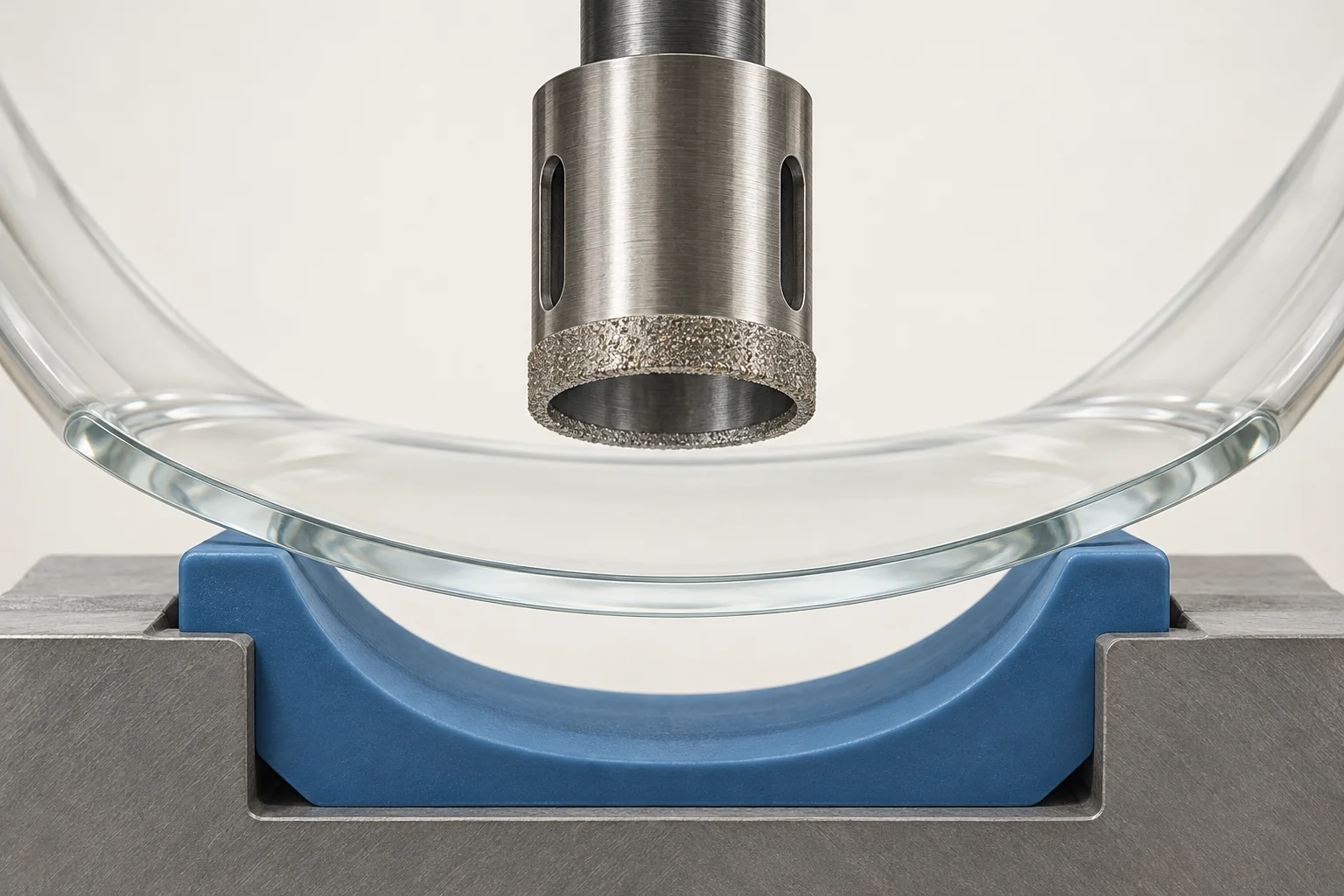 Core drill and curved glass wall shown above a conceptual support cradle