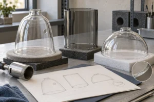 Formed glass shades and machining-review components on a padded bench