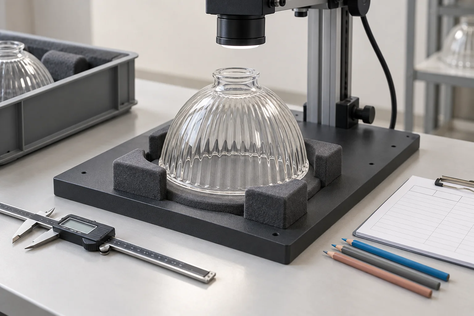Glass sample in an inspection nest beside measurement records