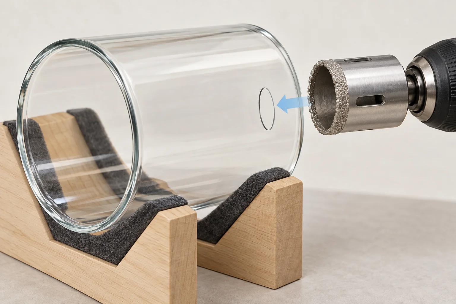 Tool approach and internal access around a hollow glass cylinder