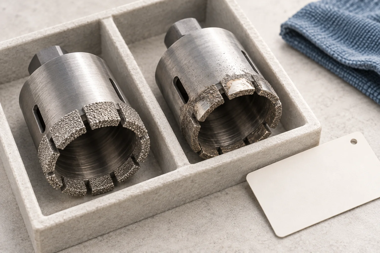 Diamond core drill crowns with contrasting illustrative surface conditions