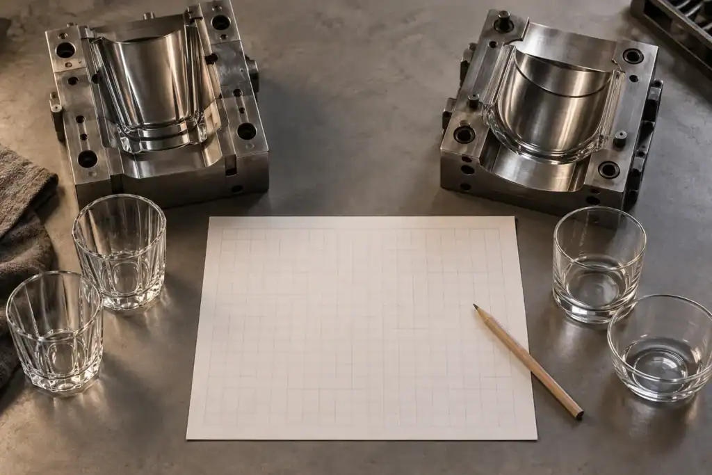 Two metal molds for glass lampshades with glasses and paper on table.