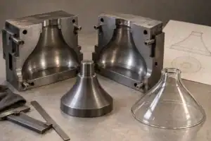Stampo aperto per paralume a campana, pistone e concetto di paralume in vetro abbinato