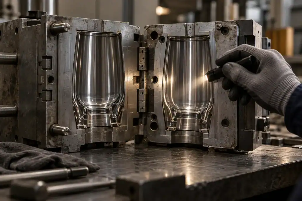 Glass lampshade being crafted in a factory with molds and tools.
