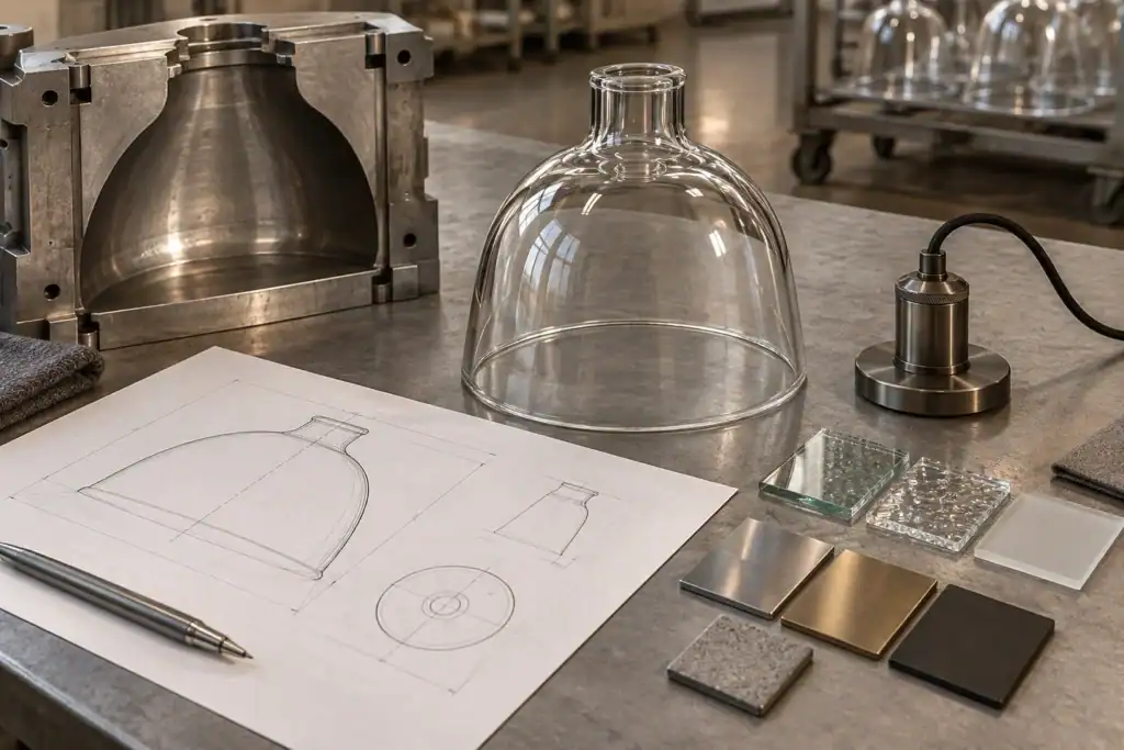 Glass lampshade prototype with design sketches and material samples.
