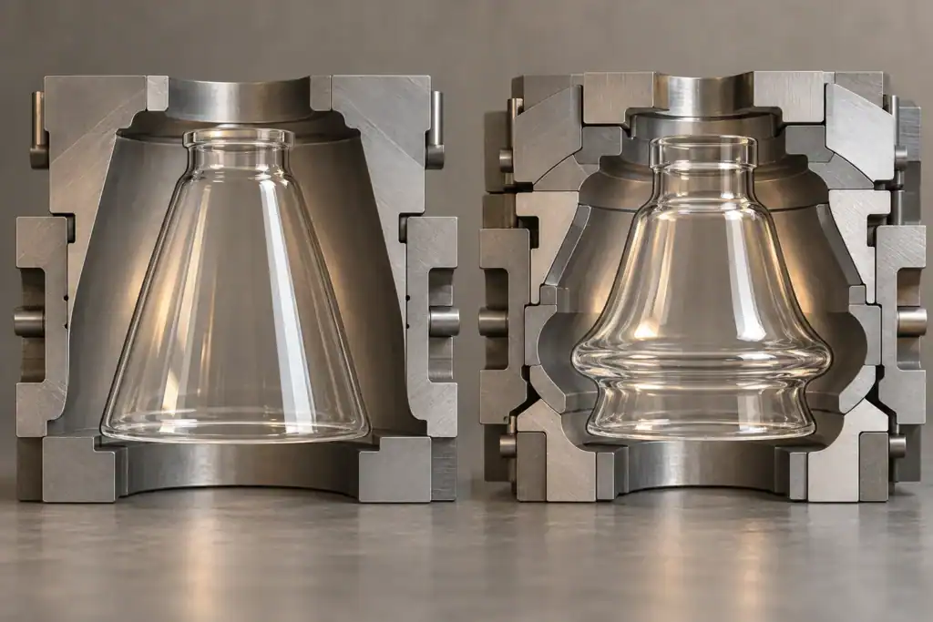 Precision glass lampshades produced with custom molds for lighting design.