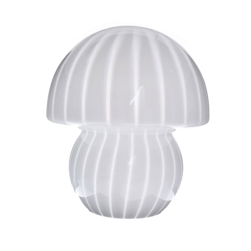 White mushroom-shaped glass lamp shade with ribbed design for table or pendant lighting.