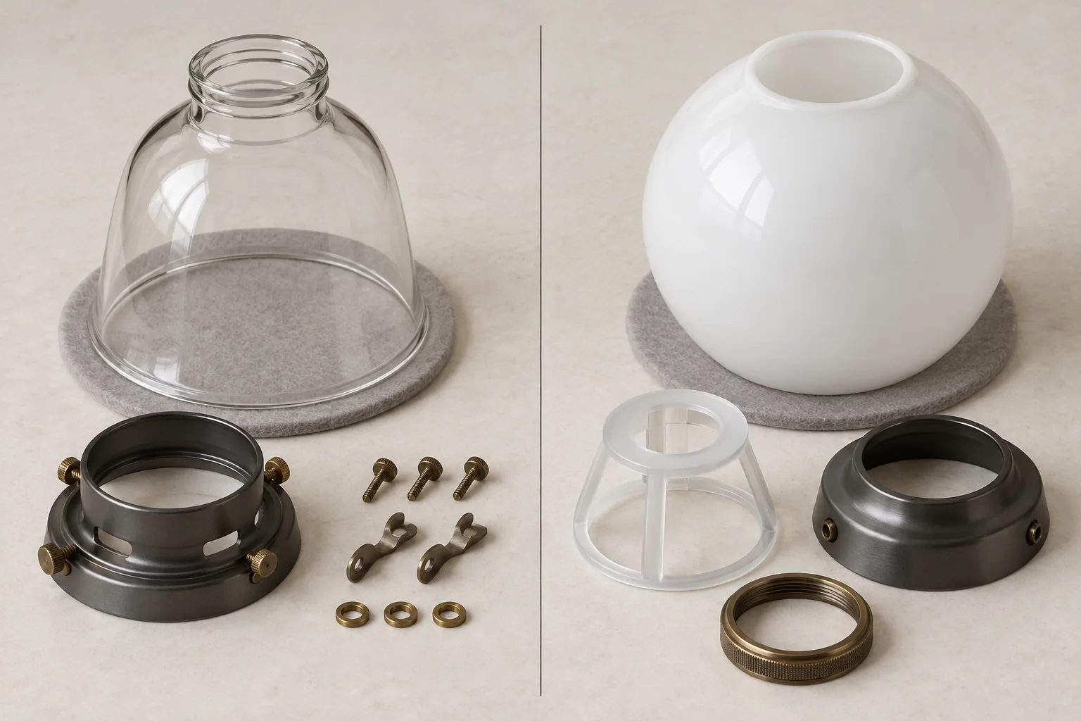 Two unassembled glass-shade kits arranged to compare handling steps
