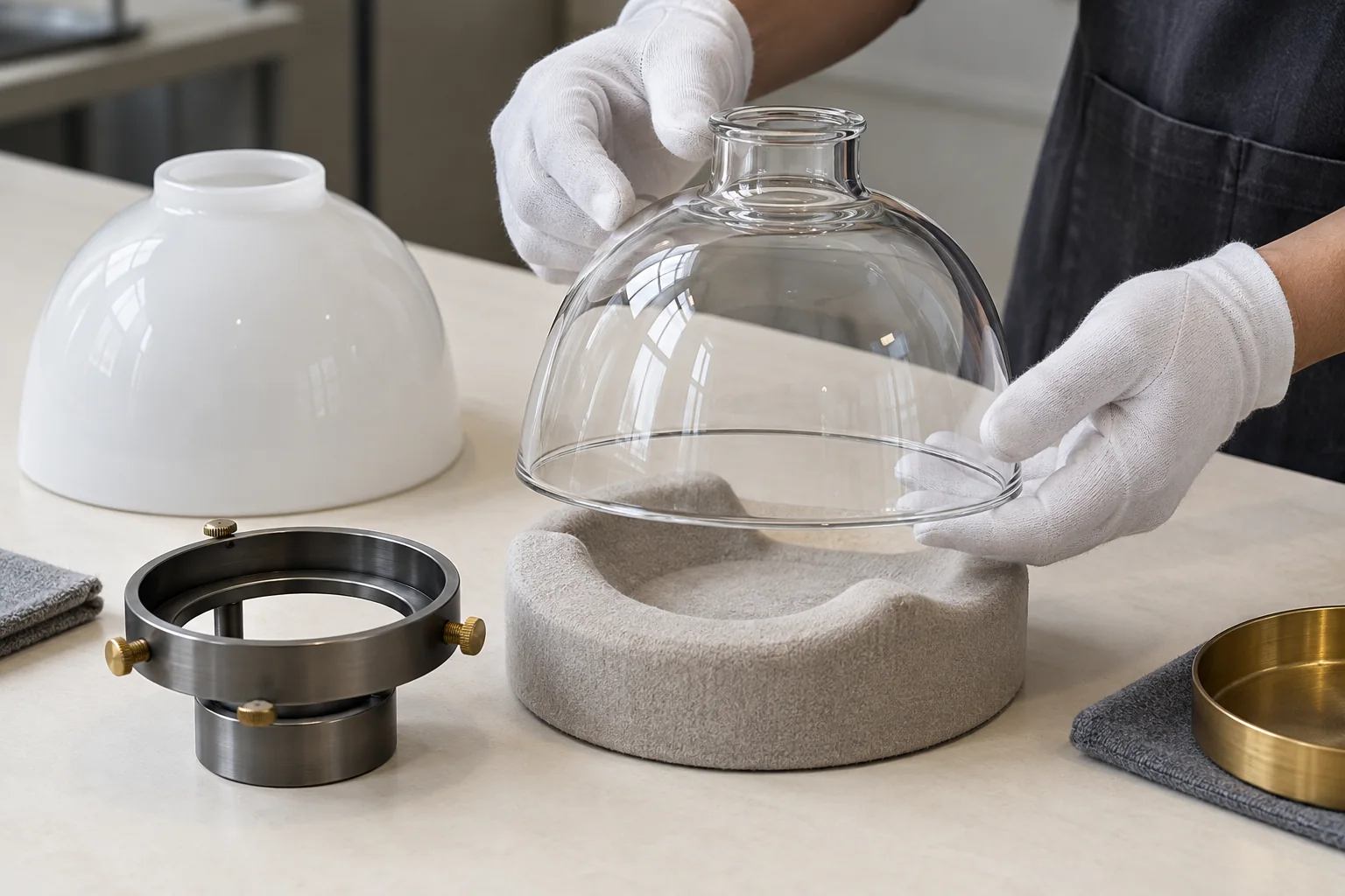 Gloved hands supporting a glass shade during a handling review