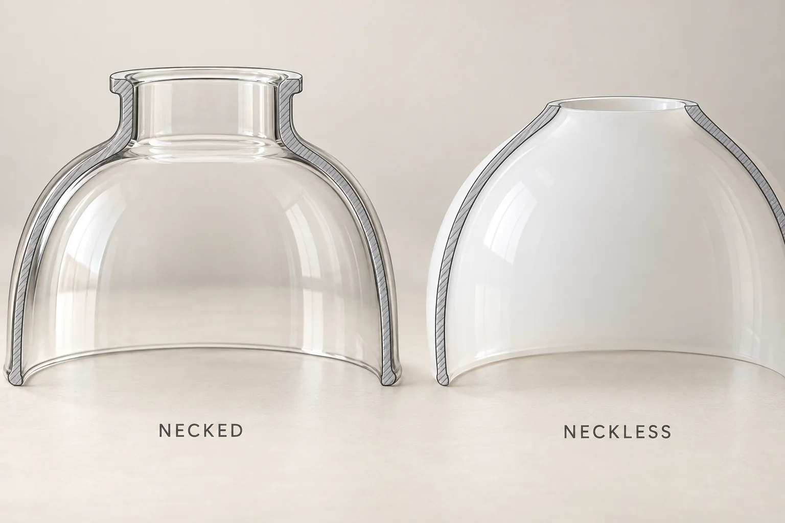 Section concepts comparing a projecting glass neck with a plain neckless opening