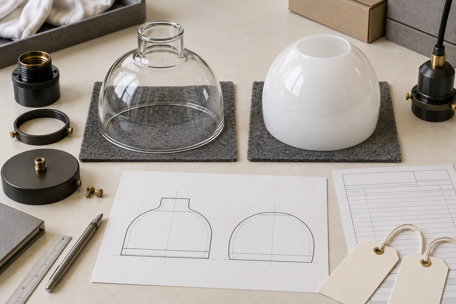Necked and neckless shade samples arranged with holder parts and review documents