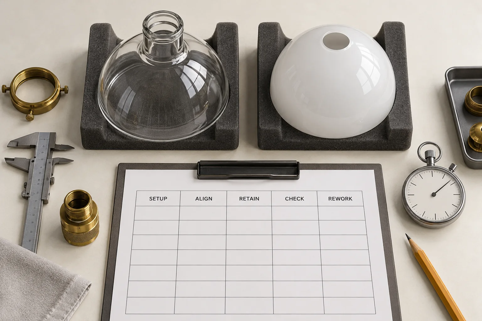 Blank assembly trial worksheet beside two glass shade samples