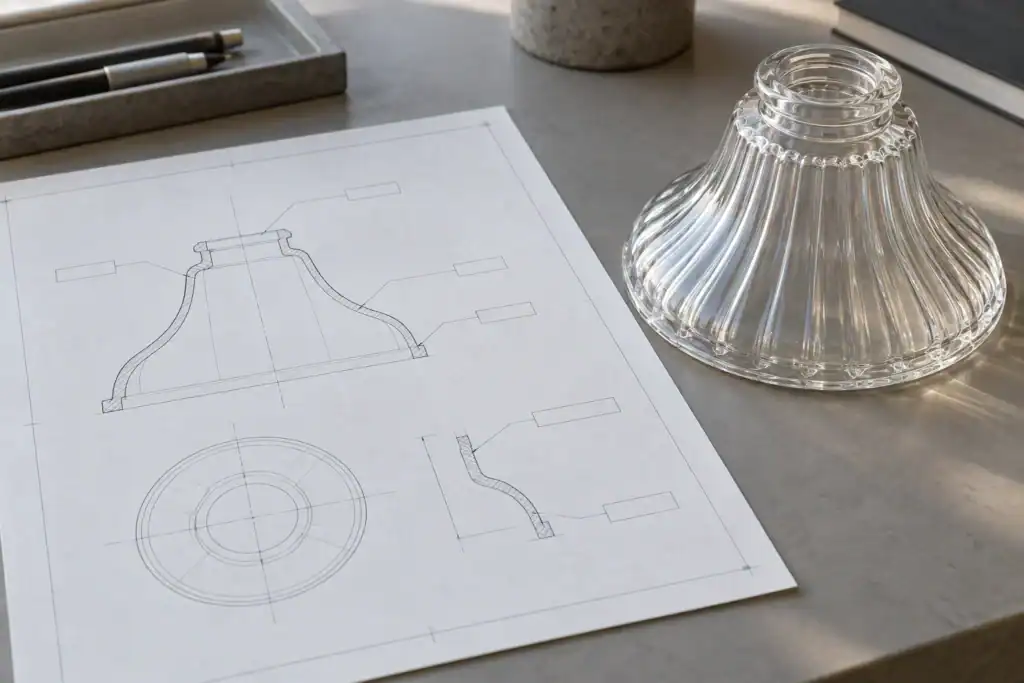 Detailed technical drawing of a glass lampshade on a work table.