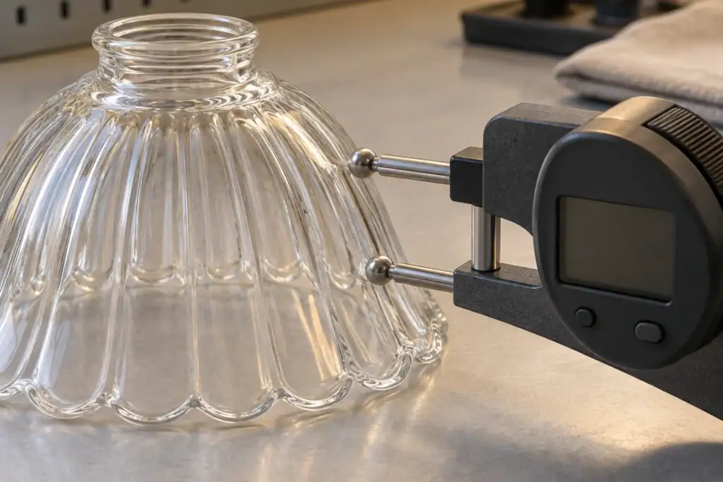 Thickness gauge on an accessible smooth glass shade section; no reading shown