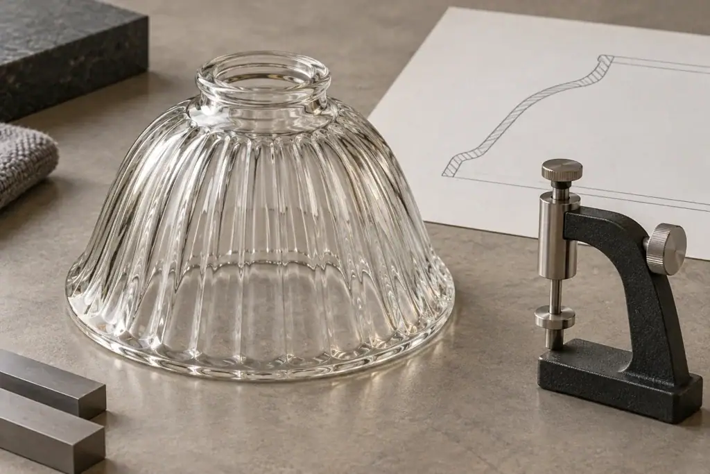 Clear glass lampshade with ribbed design for lighting fixtures.