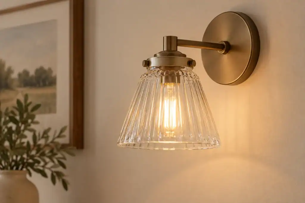 Elegant glass wall sconce with warm lighting for home decor.