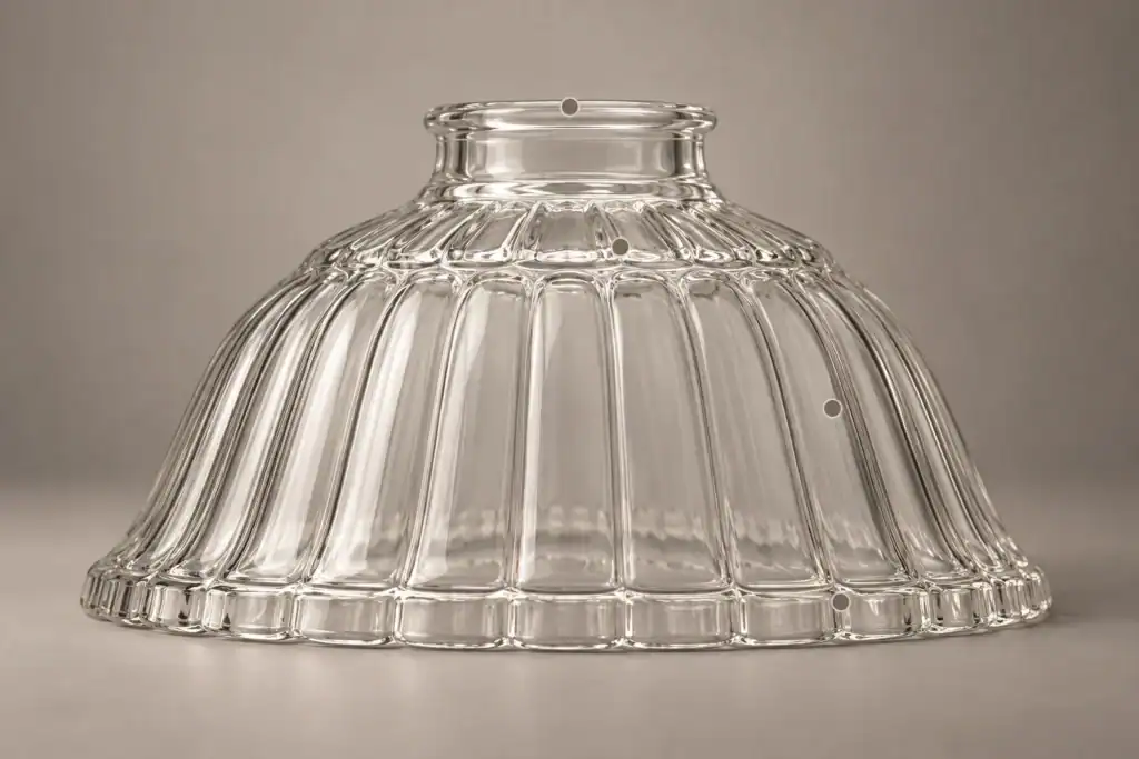 Clear glass lampshade with ribbed design for lighting fixtures.
