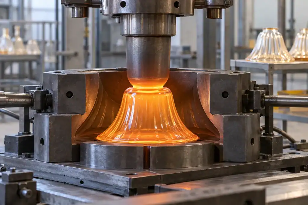 Industrial glass lampshade being formed in a manufacturing mold.