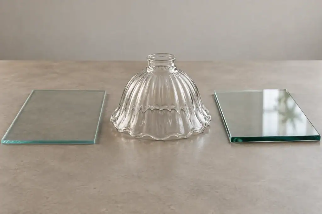 Clear glass lampshade with two glass panels on a neutral background.